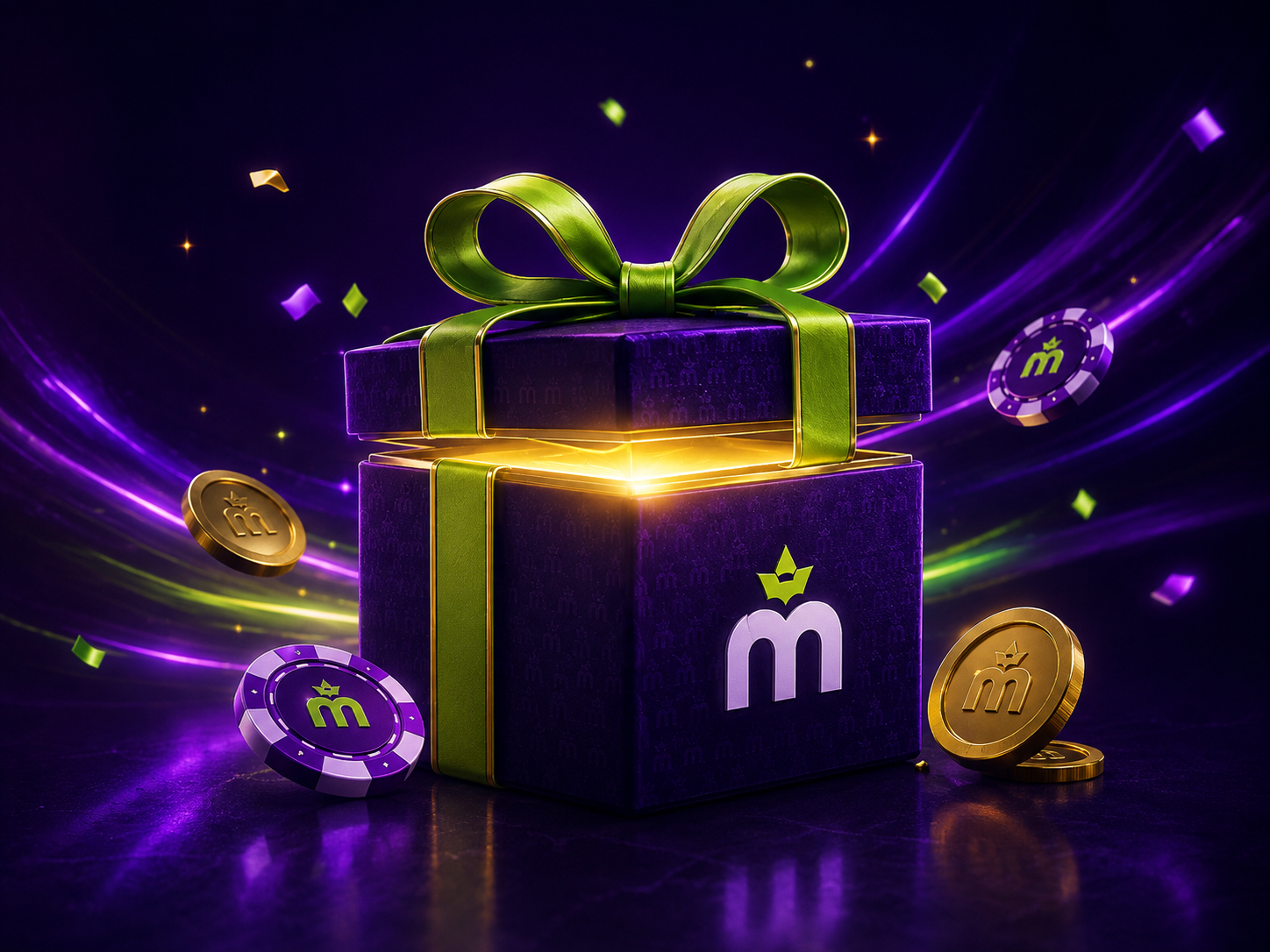 Caja de regalo dorada representando el bono de bienvenida de MaxWin Casino