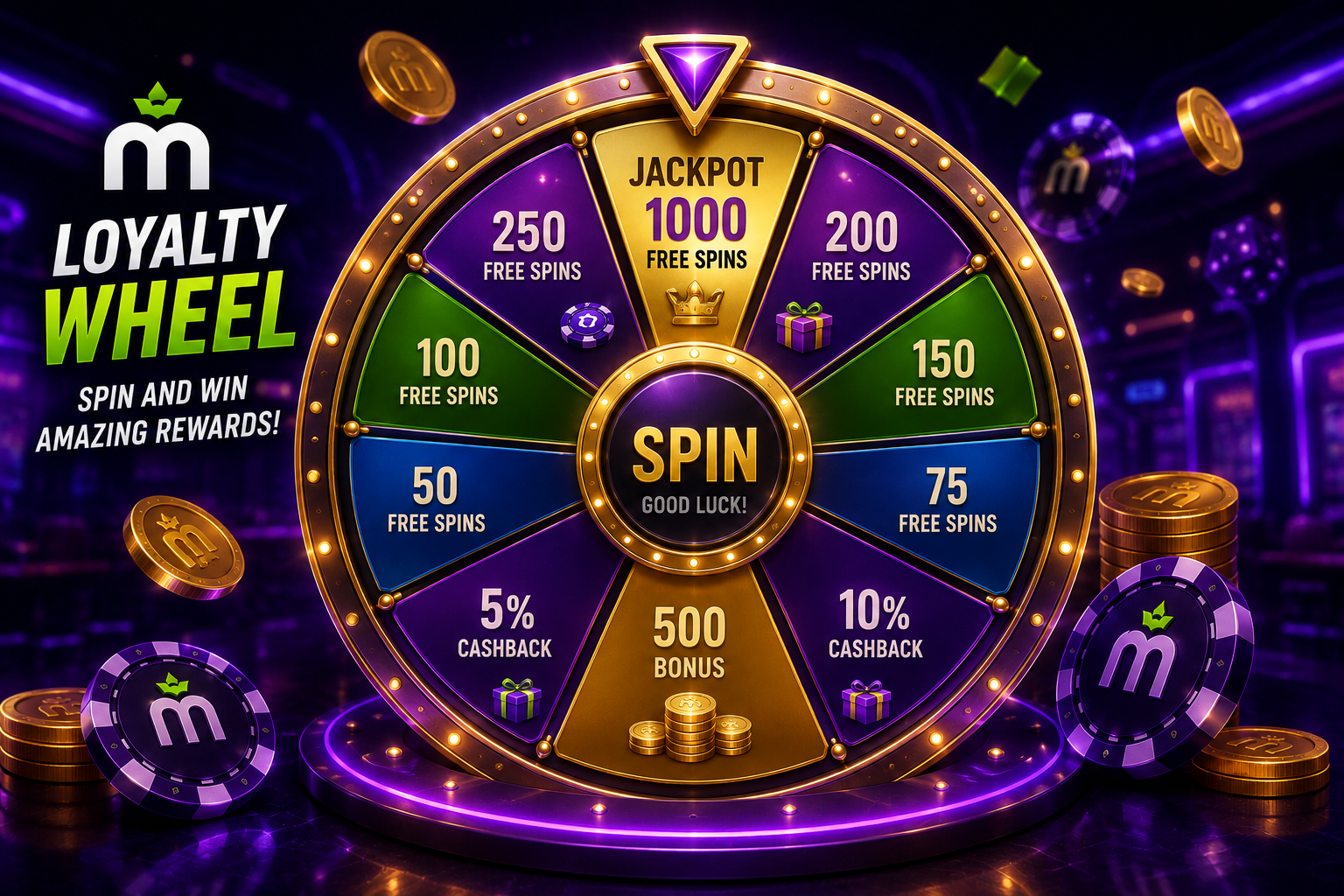 Rueda de la fortuna y monedas representando los Puntos MaxWin en MaxWin Casino